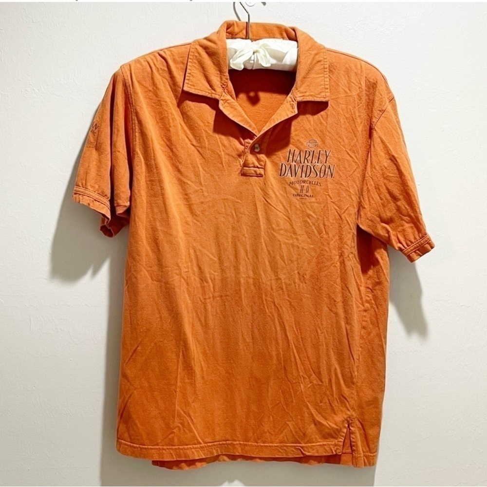 HARLEY DAVIDSON MOTORCYCLES Mens Orange Graphic Polo Shirt LEOMINSTER, MA Size M